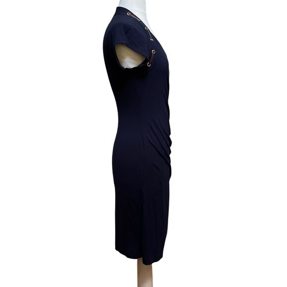 Carmen Navy Blue Faux Wrap Dress‎ Stretch Side V Neck Shirred Grommet Lacing Lg - Picture 4 of 9